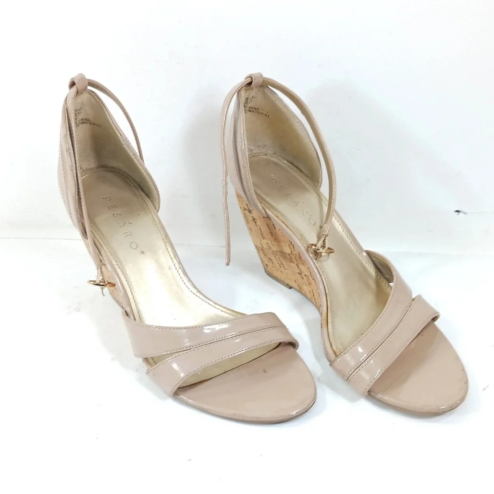 Pesaro Jessa Nude Patent Cork Wedge Sandals Ankle Strap 135106 Womens 8.5